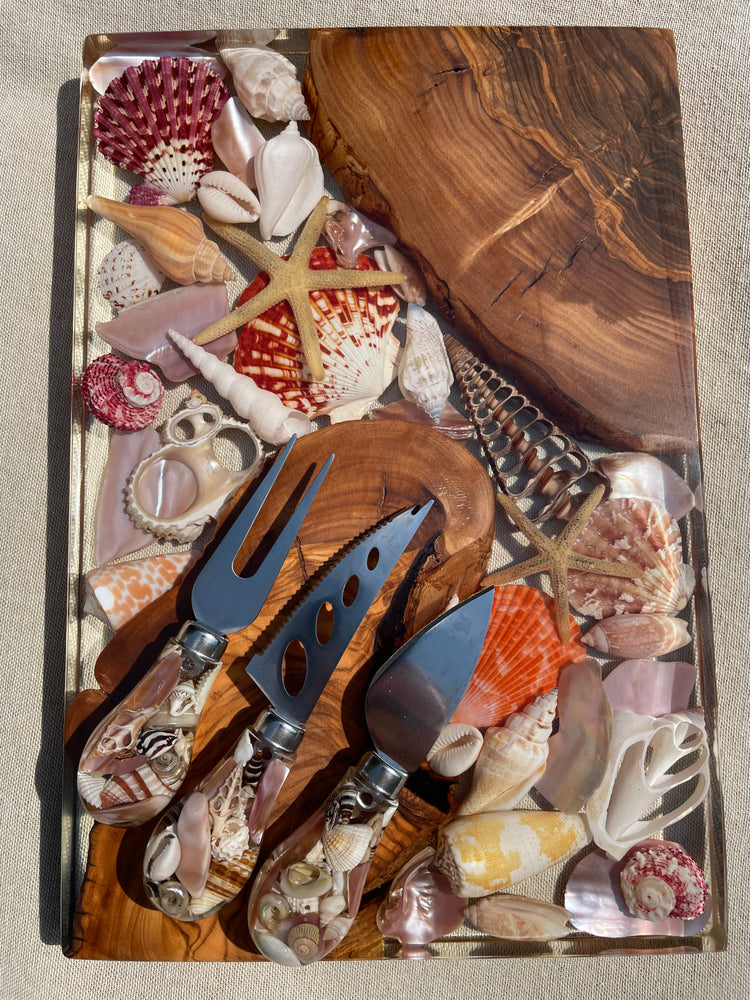 Mini Olivewood Organic Shell Board 300mm x 200mm & Knife set